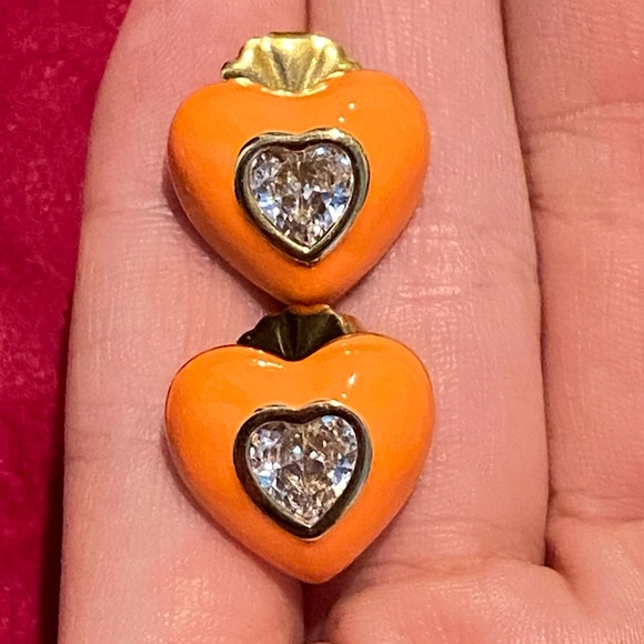 18k Gold Plated Neon Orange Enamel & CZ Heart Studs - Picture 2 of 3